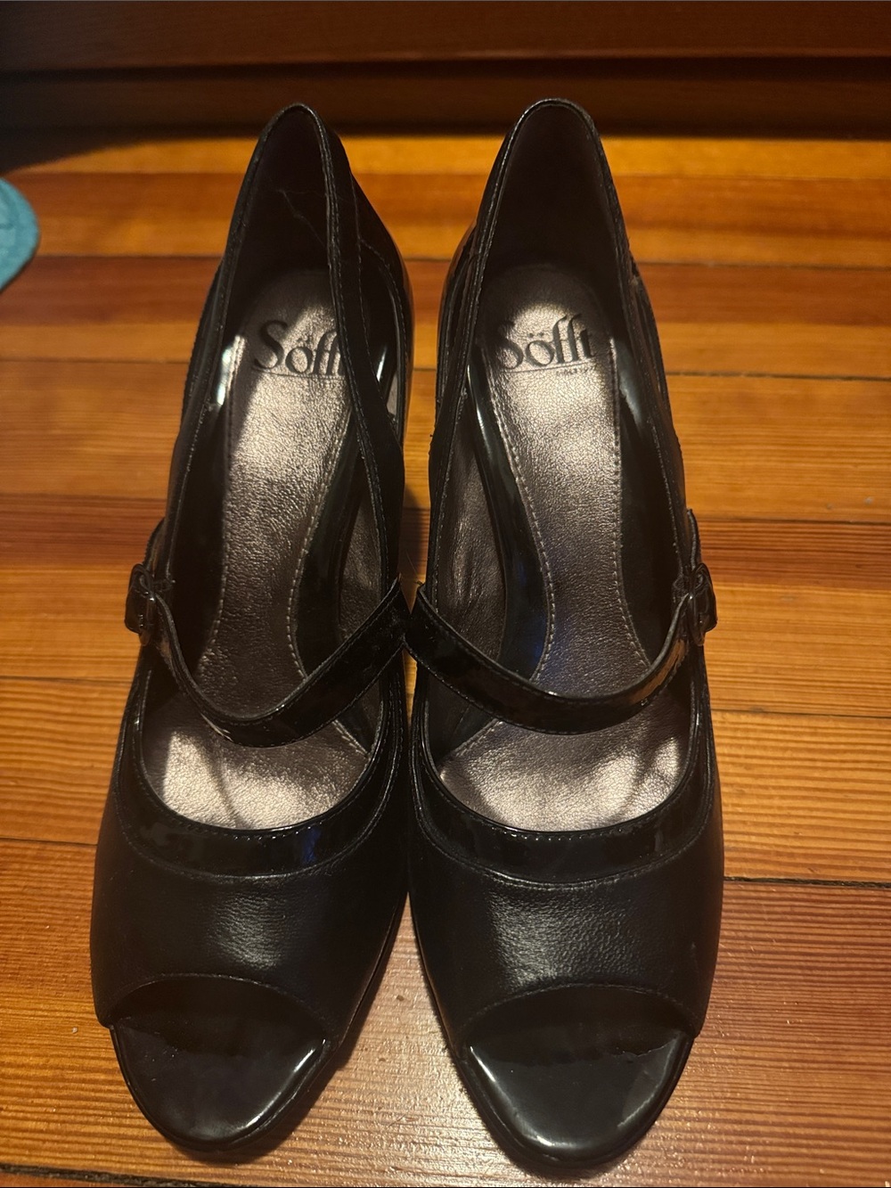 Sofft Black Peep-Toe Mary Jane Heels with Cross Strap